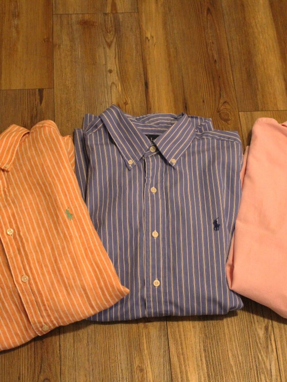 3 RALPH LAUREN MEN'S DRESS SHIRTS SIZE LARGE ORANGE STRIPE, BLUE STRIPE, PINK